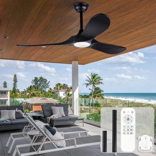 Hot sales 52-inch black ceiling fan with remote control, dimmable light, 3 ultra-thin solid wood blades with upturned tips, suitable for patios, living rooms, bedrooms - Industrial,Mid-Century Modern,Modern