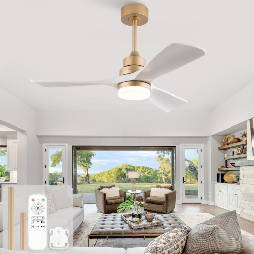 42-inch ceiling fan with remote control, platinum-and-white two-tone ABS propeller blades, DC motor, 6-speed adjustment, bidirectional rotation, 3CCT, dimming function, and silent operation - Gold+White