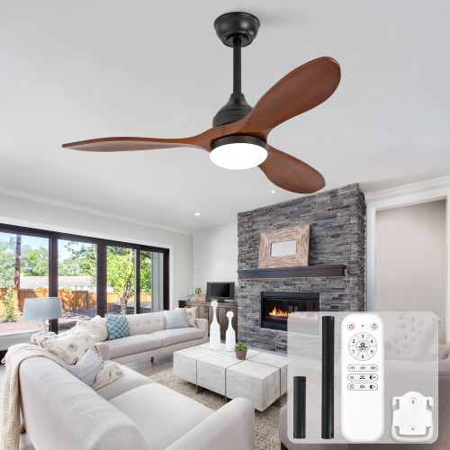 42-inch solid wood ceiling fan with light and remote control, 3 solid wood blades, quiet DC motor,  6-speed reversible operation, suitable for bedrooms, small living rooms, and sunrooms - Black + Dark Walnut - black