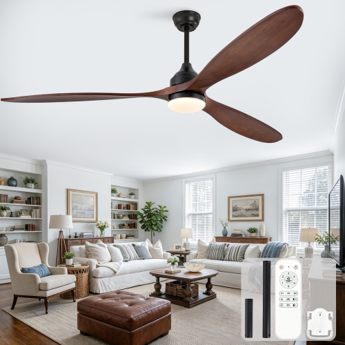 70-inch Extra-Large Solid Wood Ceiling Fan with Remote Control and Light, Quiet DC Motor, 3CCT, Dimmable, Six Speed Settings, Ideal for Large Living Rooms, Estates, and Farmhouses - Walnut+black - black