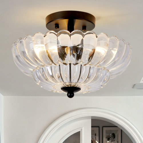 3-Bulb Black Iron Semi-Flush Ceiling Light, 11.8-Inch Clear Glass