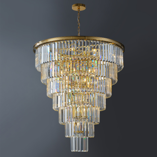 40-Inch Gold Glass Tiered Crystal Tube Chandelier with 30 Lights