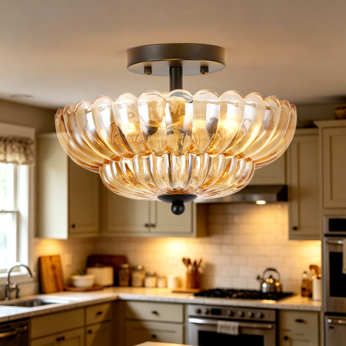 Amber Glass 3-Bulb Semi-Flush Mount Ceiling Light in Black Iron