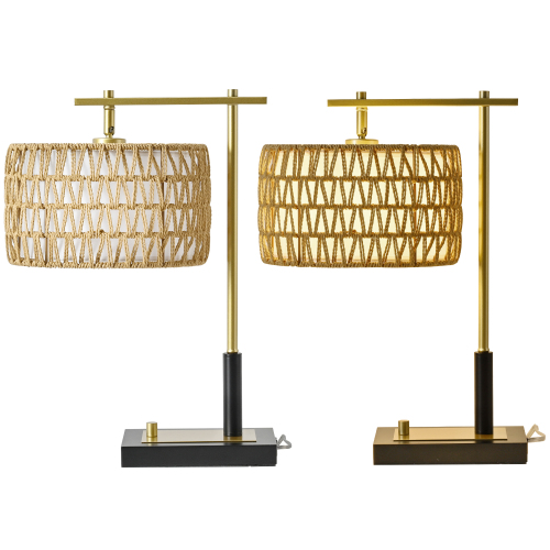 Yellow 19-Inch Table Lamp Set of 2 with Woven Rope and Fabric Shades