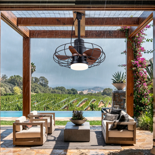 20" Outdoor Ceiling Fan with Lights for Patios, Gazebo and Pergola. Plug in Gazebo Ceiling Fan with Remote Control, Waterproof Caged Hanging Fans with Hook and strap - Black - ABS