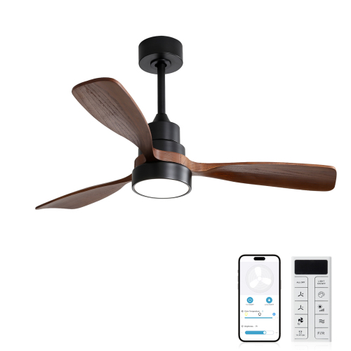 48 Inch Modern Ceiling Fan With Lights 3 Wood Fan Blade Noiseless Reversible Motor Smart Remote Control - Black - Metal & Wood - Metal & Wood - 48-Inch