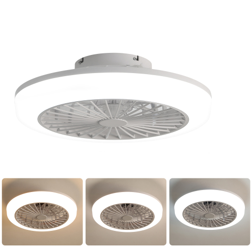 18 Inch Enclosed Ceiling Fan with Light and Remote, Flush Mount Bladeless Modern Low Profile Ceiling Fan for Bedroom Kitchen Dining Room - White - ABS - 18-Inch