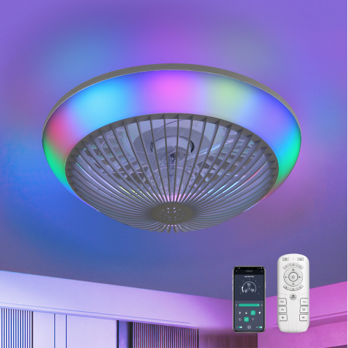 15 Inch RGB Dimmable Led Enclosed Ceiling Fan with Light Modern Bladeless 6 Speed Remote Control for Bedroom Kids Room Party - White - ABS - 15-Inch