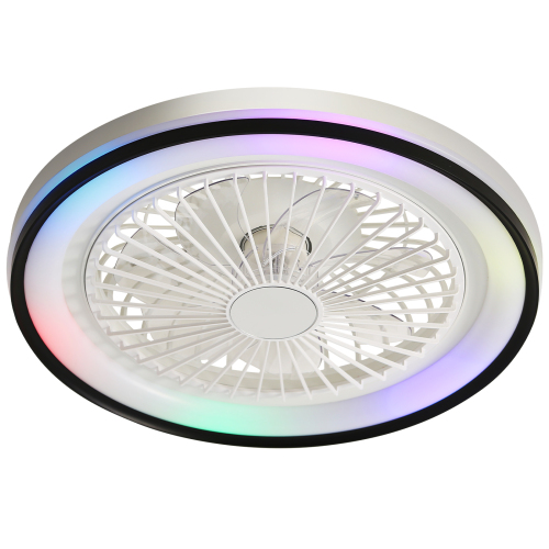 19 Inch RGB Dimmable Led Enclosed Ceiling Fan with Light Flush Mount Bladeless 6 Speed Remote Control for Bedroom Party - White - ABS - 19-Inch