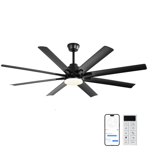 Modern 52-Inch Smart Ceiling Fan With Light,6 Wind Speed,With 8 Black ABS Blades,Voice Remote,Fan For Bedroom,Living Room,Patio,Kitchen,etc - ABS+Steel(Q235)