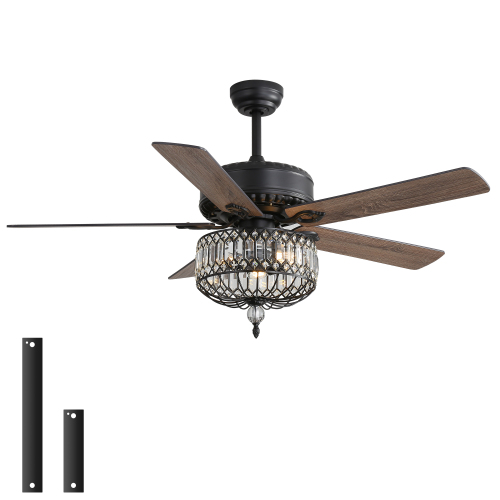 52-Inch Large Ceiling Fan With 3*E12 Bulbs(Not Included),With Crystal Lampshade,5 Plywood Blades,1/4/8 Time Setting,DC Motor - Black