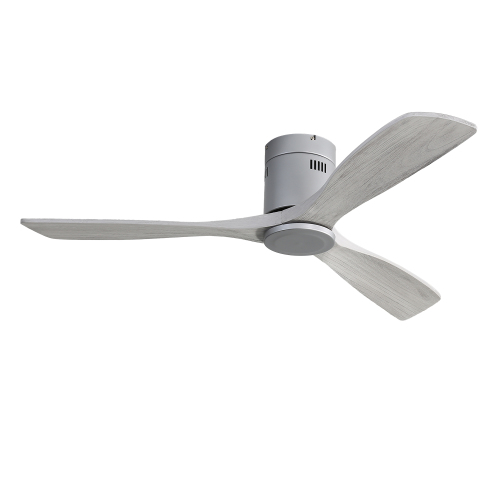 52 Inch Flush Mount Ceiling Fan DC 3 Carved Wood Fan Blade Noiseless Reversible Motor Remote Control Without Light - Silver - Metal & Wood - Metal & Wood - 52-Inch