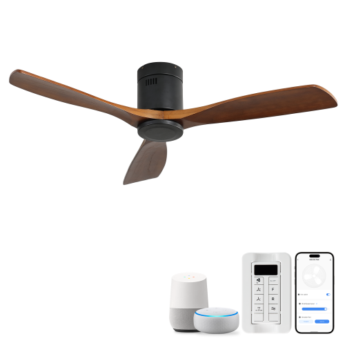 52 Inch Flush Mount Ceiling Fan DC 3 Wood Fan Blade Noiseless Reversible Motor Smart Remote Control Without Light - Black - Metal & Wood - Metal & Wood - 52-Inch