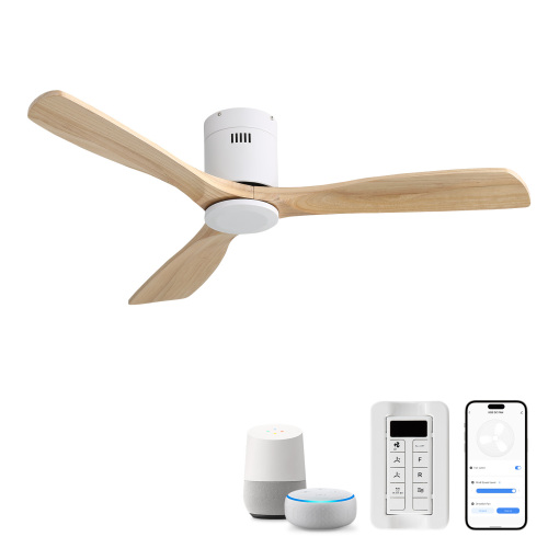 52 Inch Flush Mount Ceiling Fan 3 Solid Wood Fan Blade Noiseless Reversible DC Motor Smart Remote Control For Living Room - White - Metal & Wood - Metal & Wood - 52-Inch