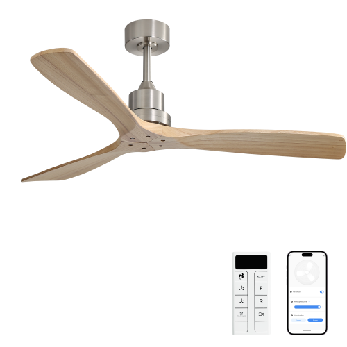 52 Inch Smart DC Ceiling Fan with 3 Natural Wood Blades Reversible Silent Motor and 1H/4H/8H Timer Function - Brushed Nickel - Brushed Nickel - 52-Inch