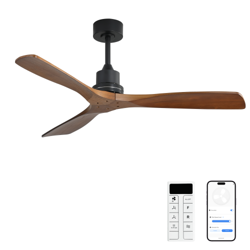 52 Inch Smart Matte Black Ceiling Fan with APP & Alexa Control, 3 Solid Wood Walnut Blades, Reversible Quiet DC Motor, No Light - Metal & Wood - Metal & Wood - Not Specified - 52-Inch