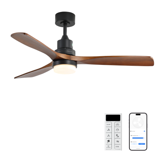 52 Inch Smart Ceiling Fan with LED 18W Triple Color Dimmable Memory Lighting 3 Walnut Finish Blades and DC Motor - Matte Black - Solid Wood - Matte Black - Solid Wood - 52-Inch