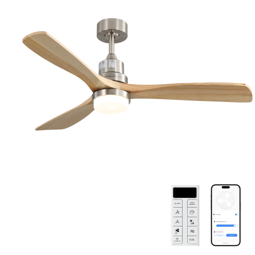 52 Inch Smart Ceiling Fan with Sand Nickel Finish 3 Natural Wood Blades LED 18W Triple Color Dimmable Memory Lighting and Remote Control - Brushed Nickel - Wood+Metal - Metal - 52-Inch