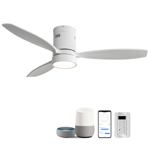 52 Inch Flush Mount Ceiling Fan Solid Wood Fan Blade Noiseless Reversible Motor Smart Remote Control With Light - White - Metal & Wood - Metal & Wood - 52-Inch