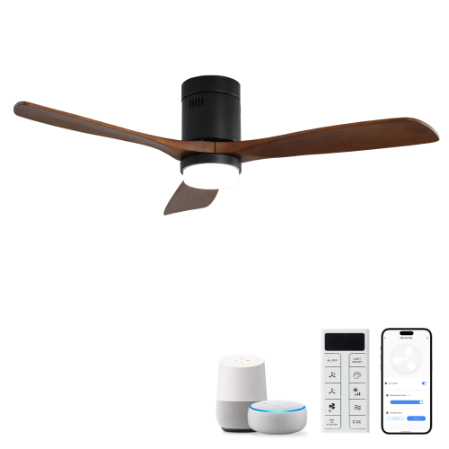 52 Inch Ceiling Fan With Lights 3 Solid Wood Fan Blade Noiseless Reversible Motor Smart Remote Control - Black - Metal & Wood - Metal & Wood - 52-Inch