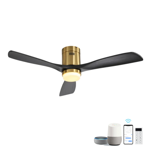 52" Smart Ceiling Fan with Light - Gold Finish, Matte Black Blades, APP & Alexa Voice Control, Quiet Reversible Motor, Dimmable LED with Timer - Metal & Wood - Metal & Wood - Not Specified