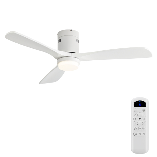 52 Inch Low Profile Ceiling Fan With 6 Speed Remote White 3 Solid Wood Blades Reversible DC Motor For Living Room - Metal & Wood - Metal & Wood - 52-Inch