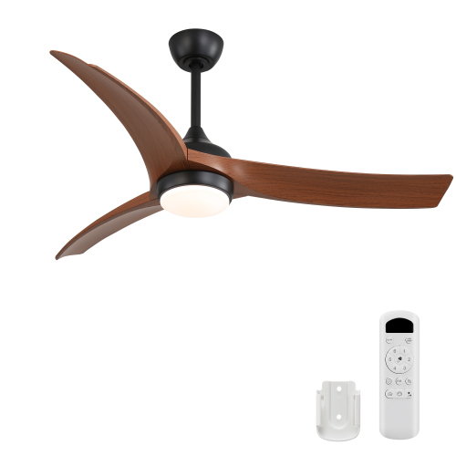 52 Inch Black Ceiling Fan with 3 Dark Wood Grain ABS Blades Remote Control Reversible Motor Dimmable Light and 1H/4H/8H Timer - 52-Inch