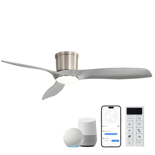52-Inch Smart Ceiling Fan With Light,Flush Mount Ceiling Fan With Remote Control.3 Grey ABS Blades,18W Dimmable Light - Nickel - Nickel