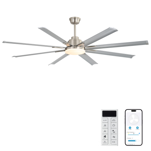 84-inch DC Motor Ceiling Fan with Dimmable Light and 8-Blade Aluminum Silver Blades - Nickel - Aluminium - Nickel - Aluminium