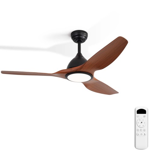 52" Modern Smart Ceiling Fan - Matte Black & Wood Grain, with Dimmable 3-Color LED Light (Memory Feature), Remote Control, Quiet Reversible DC Motor - ABS - ABS - Not Specified