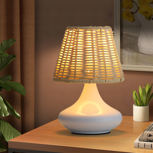 White Woven Bamboo LED Table Lamp with Iron Base, 7.87 Inch