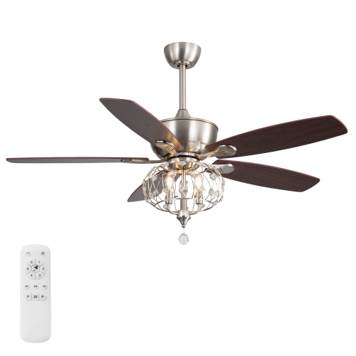 52" Sand Nickel Ceiling Fan with Crystal Shade - Reversible DC Motor, 1/4/8H Timer, 3-Light E12 Base (Bulbs Not Included) - Plywood