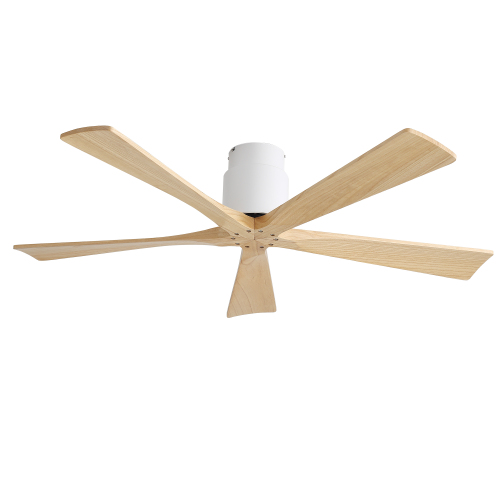52 Inch Matte White Ceiling Fan (No Light) with Natural Solid Wood Blades - Reversible DC Motor for Bedroom & Living room - 52-Inch