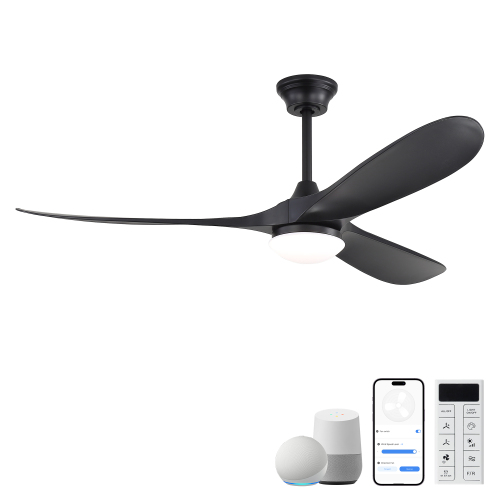 60 Inch Smart Ceiling Fan with Lights 2 Downrods, 3 ABS Fan Blades, Reversible Quiet Dc Motor For Indoor Bedroom Farmhouse - Black - Black - 60-Inch