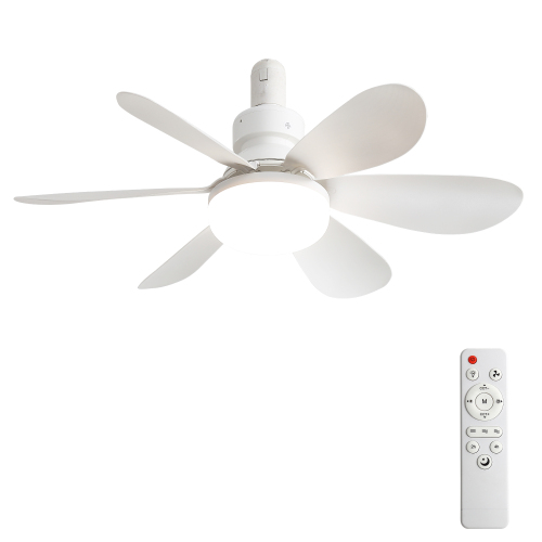 20-Inch Socket Fan Light Portable Ceiling Fan with Light and Remote, 3-Color Dimmable LED, Silent DC Motor, 2/4H Timer, Screw In Design for Small Rooms - Matte White - PC