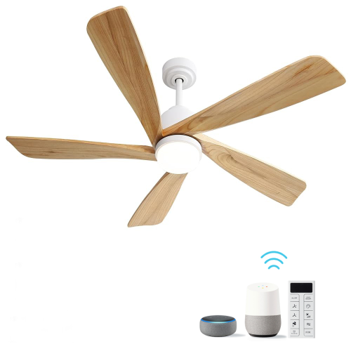 52-Inch Dimmable LED Ceiling Fan with Light, Reversible DC Motor, Timer (1H/4H/8H) – Ideal for Bedroom & Living Room - White - Wood