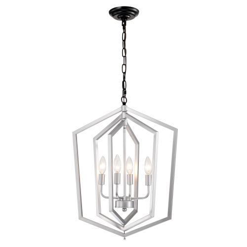 33.55-Inch 4-Light Matte Black and Silver Metal Cage Chandelier