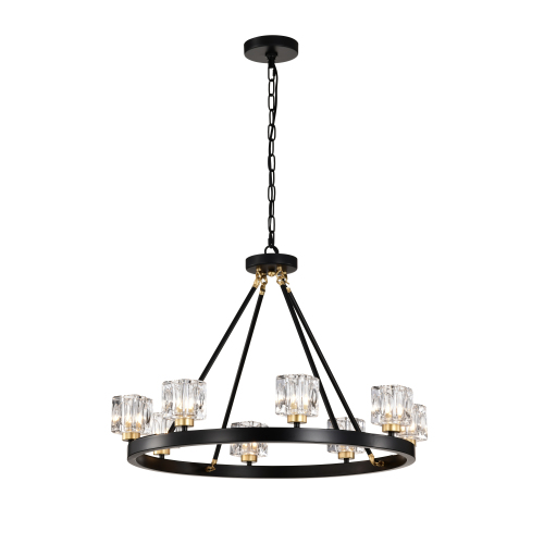 27-Inch Matte Black and Gold Metal Wagon Wheel Crystal Chandelier