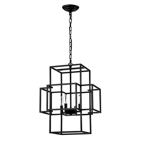 19.7-Inch Matte Black Metal 4-Light Tiered Lantern Chandelier