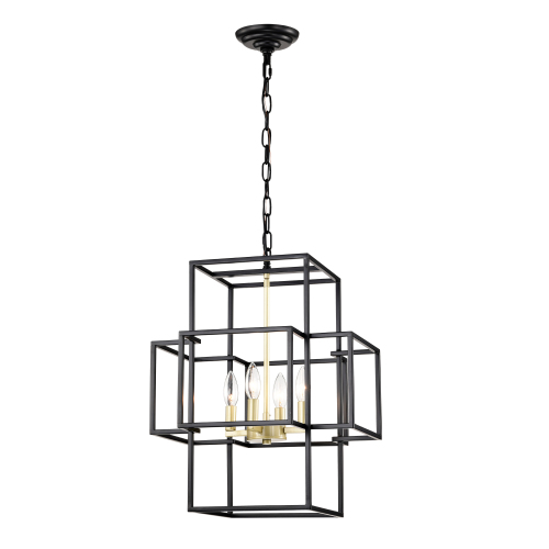 4-Light Matte Black and Gold Metal Tiered Lantern Pendant
