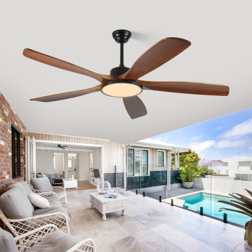 62-inch Large Outdoor Ceiling Fan with Remote Control and Light with Three-Color Dimming, 5 Reversible Wooden Blades, Modern Garden, Patio, Farmhouse, Living Room and Bedroom Ceiling Fan - Black + Dark Walnut - Metal & Wood