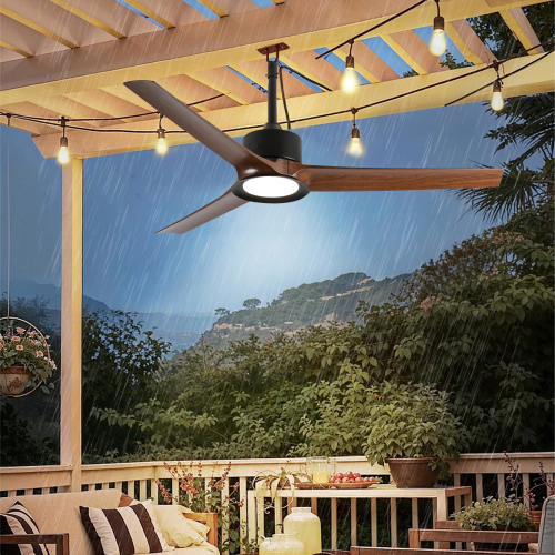 Outdoor Ceiling Fan with Light: 52 Inch Black Waterproof Gazebo Fans with Lights Outdoor Hanging 6 Speed Reversible DC Motor - ABS - 52-Inch
