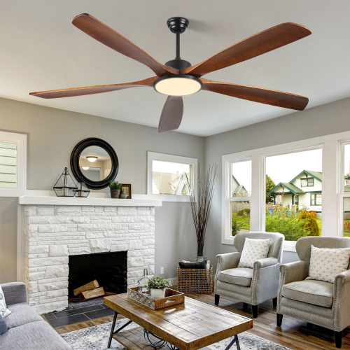 72-inch Large Outdoor Ceiling Fan with Remote Control and Light with Three-Color Dimming, 5 Reversible Wooden Blades, Modern Garden, Patio, Farmhouse, Living Room and Bedroom Ceiling Fan - Black + Dark Walnut - Wood+Metal - American Traditional