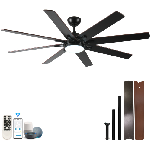 72 inch Large Ceiling Fans with Lights and Remote, Indoor/Outdoor Black Modern Ceiling Fan for Kitchen Living Room Patio, 6 Speed Reversible Quiet DC Motor, Dual Finish 8 Blades - Black + Dark Walnut - ABS - 72-Inch