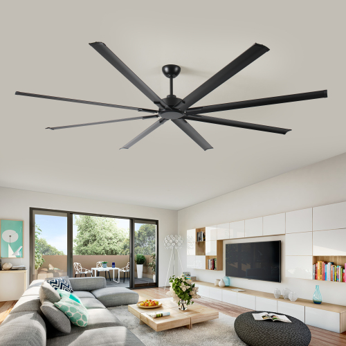 96 Inch Industrial DC Motor Ceiling Fan, Large Ceiling Fan with 8 Reversible Blades, 5-Speed Remote Control, Home or Commercial Ceiling Fans for Porch/Garage/Shop, Black - Aluminium - 96-Inch