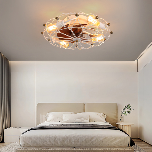 19.7-Inch White ABS Low-Profile Caged Ceiling Fan with Light & Remote