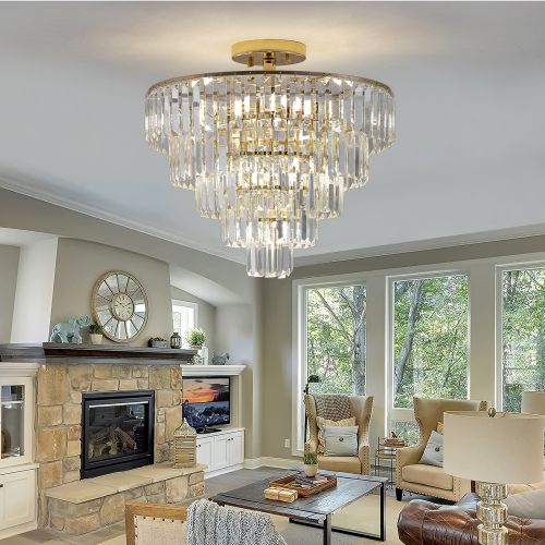 Gold Iron 5-Tier Crystal Semi-Flush Chandelier, 19.7-Inch