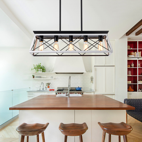 32-Inch Black and White Iron & Wood 5-Light Cage Pendant