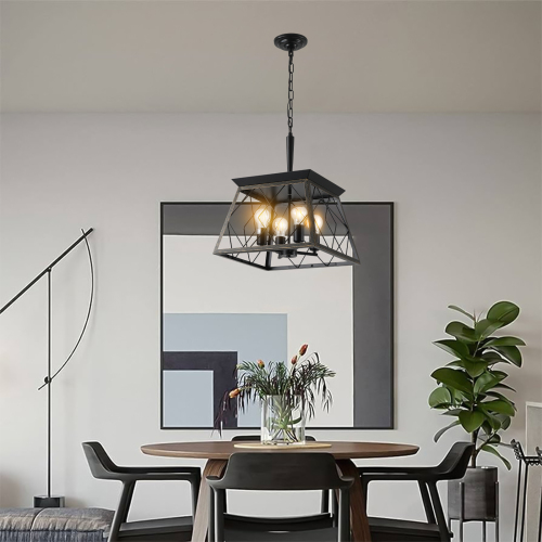 16-Inch Golden Black Iron 4-Light Farmhouse Cage Chandelier