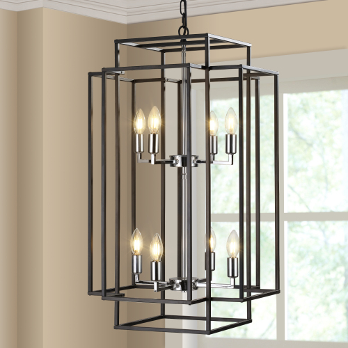 18-Inch Black and Chrome Iron 8-Light Geometric Pendant Chandelier